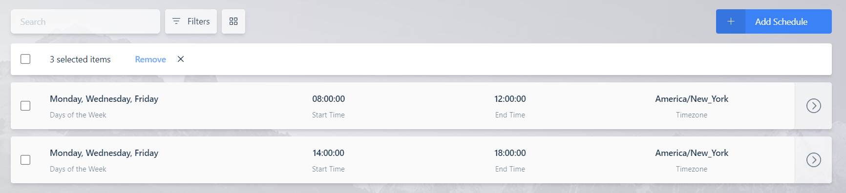 List of AutoScale Schedules for Multiple Time Periods Within a Day