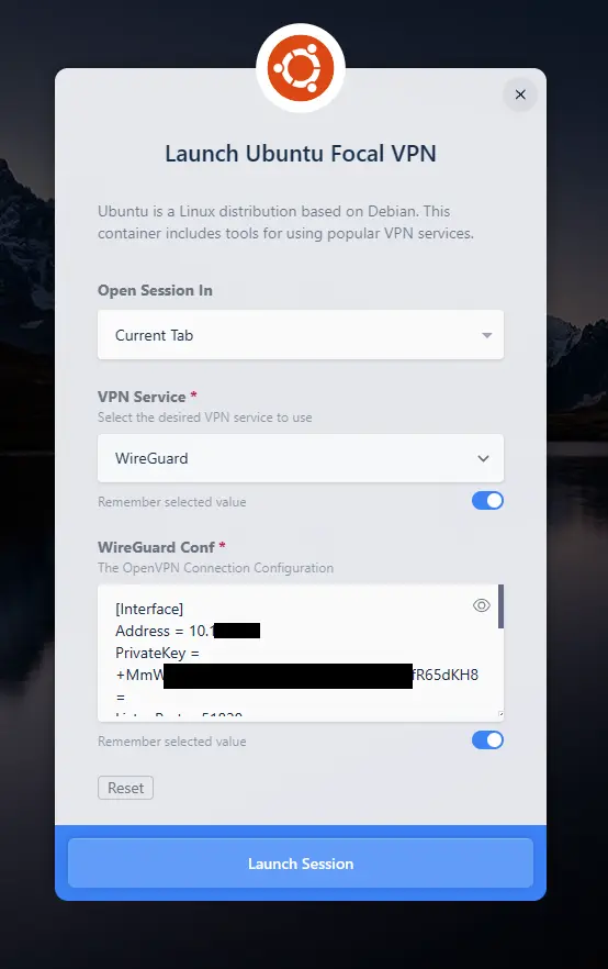 Wireguard Workspace Launch Form