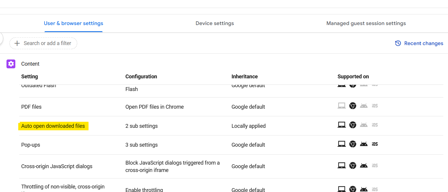 ChromeOS device content settings