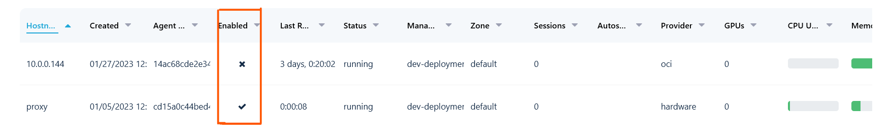 The Docker Agent Table has a Column Displaying the Enabled Status