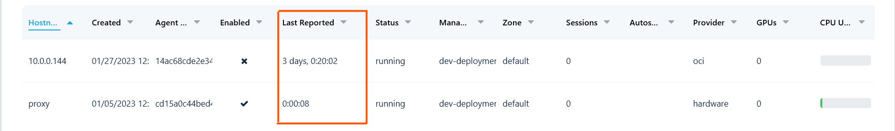 The Docker Agent Table has a Column Displaying the Last Reported Time