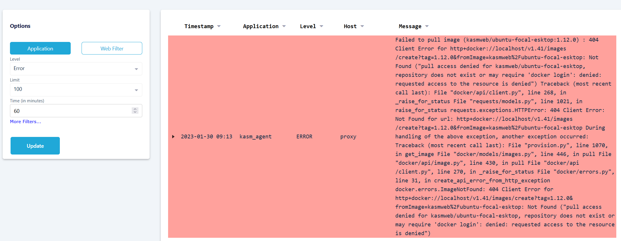 Example Error Message for Agent Unable to Pull Image
