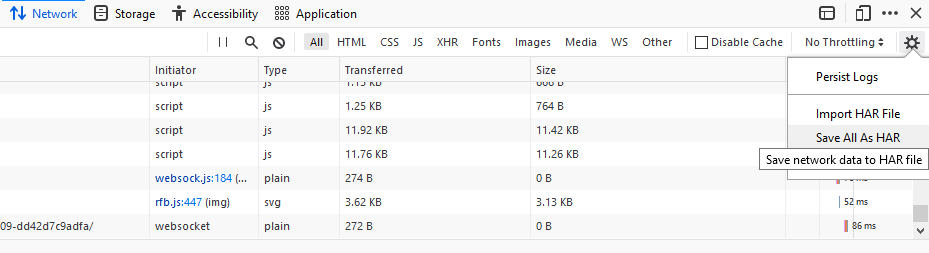 Exporting to HAR file