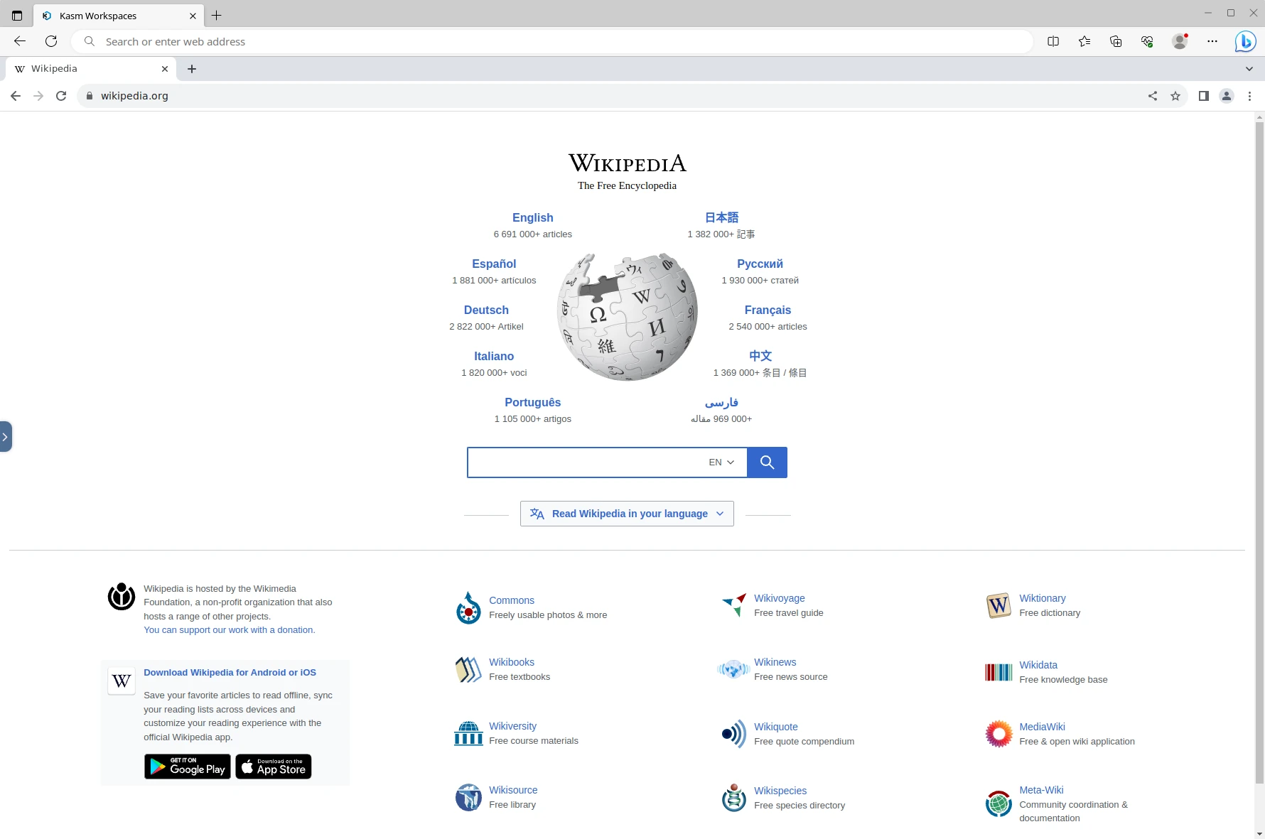The Kasm Chrome container being accessed from the Edge Browser