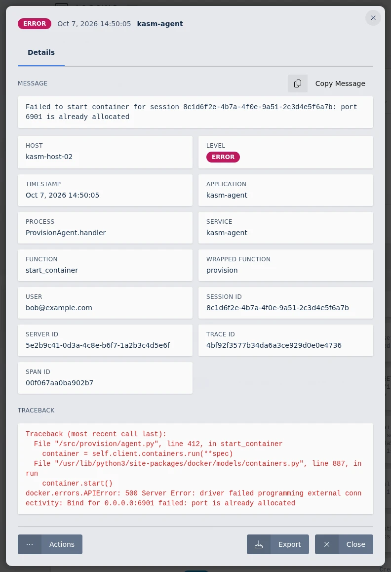 Log entry details with field tiles and a traceback