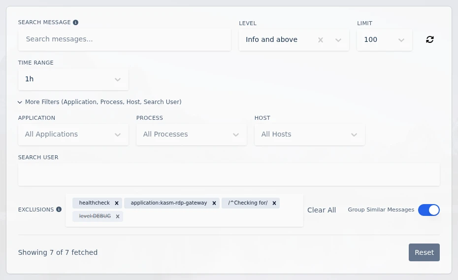 Logging dashboard filters with exclusion rules