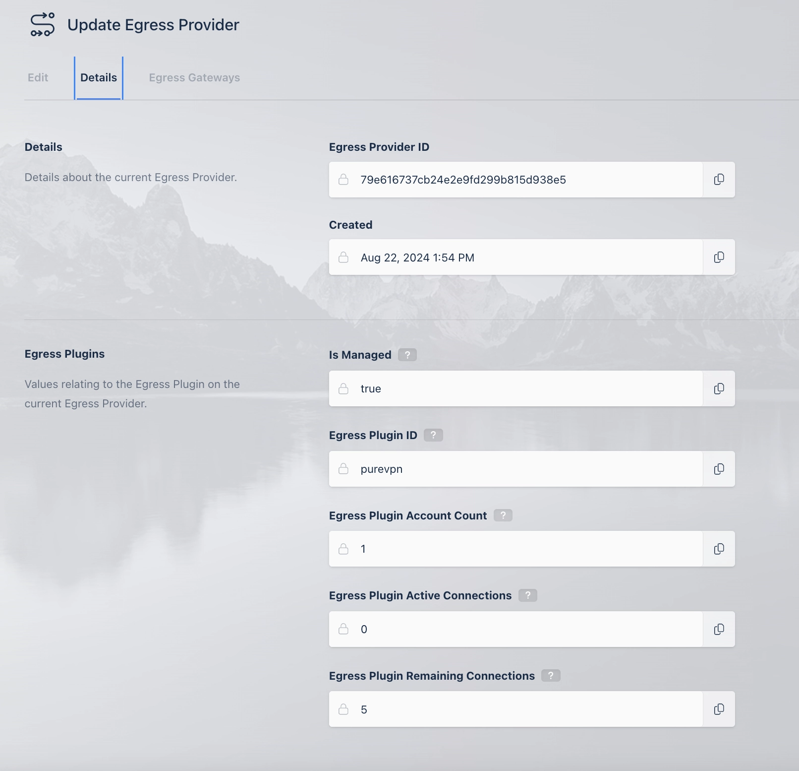 Egress Provider Details for PureVPN Managed Egress Provider