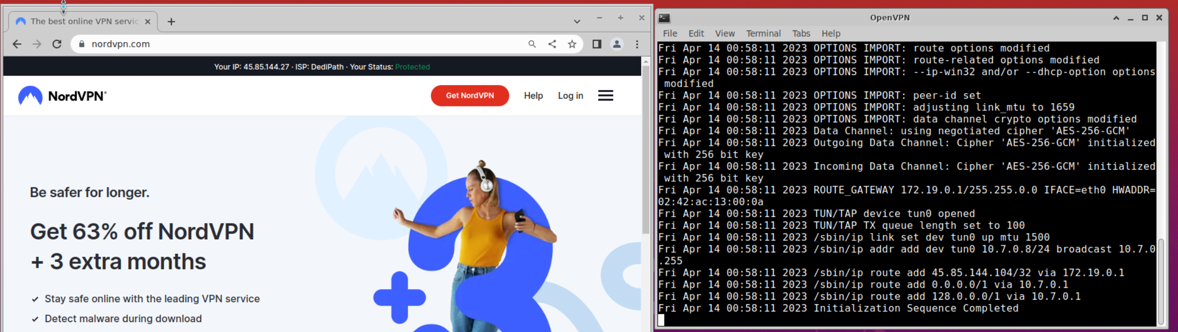 OpenVPN connected to NordVPN running inside the container