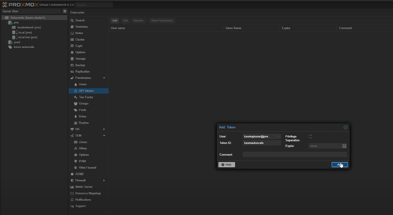 Create an API token in Proxmox