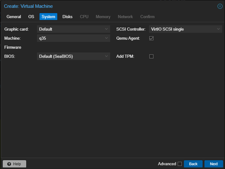 Create Proxmox Linux VM: System Settings