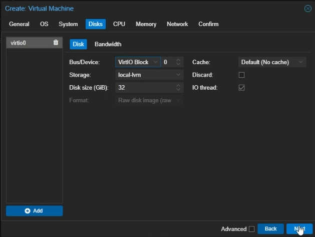 Create Proxmox Linux VM: Disk Settings