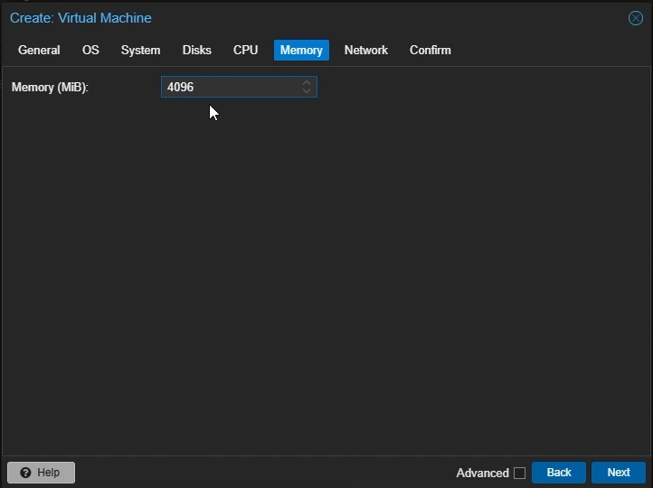 Create Proxmox Linux VM: Memory Settings