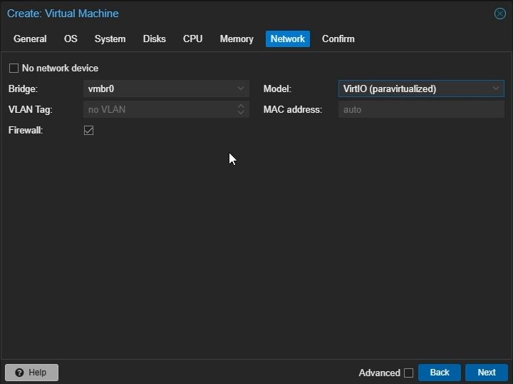 Create Proxmox Linux VM: Network Settings