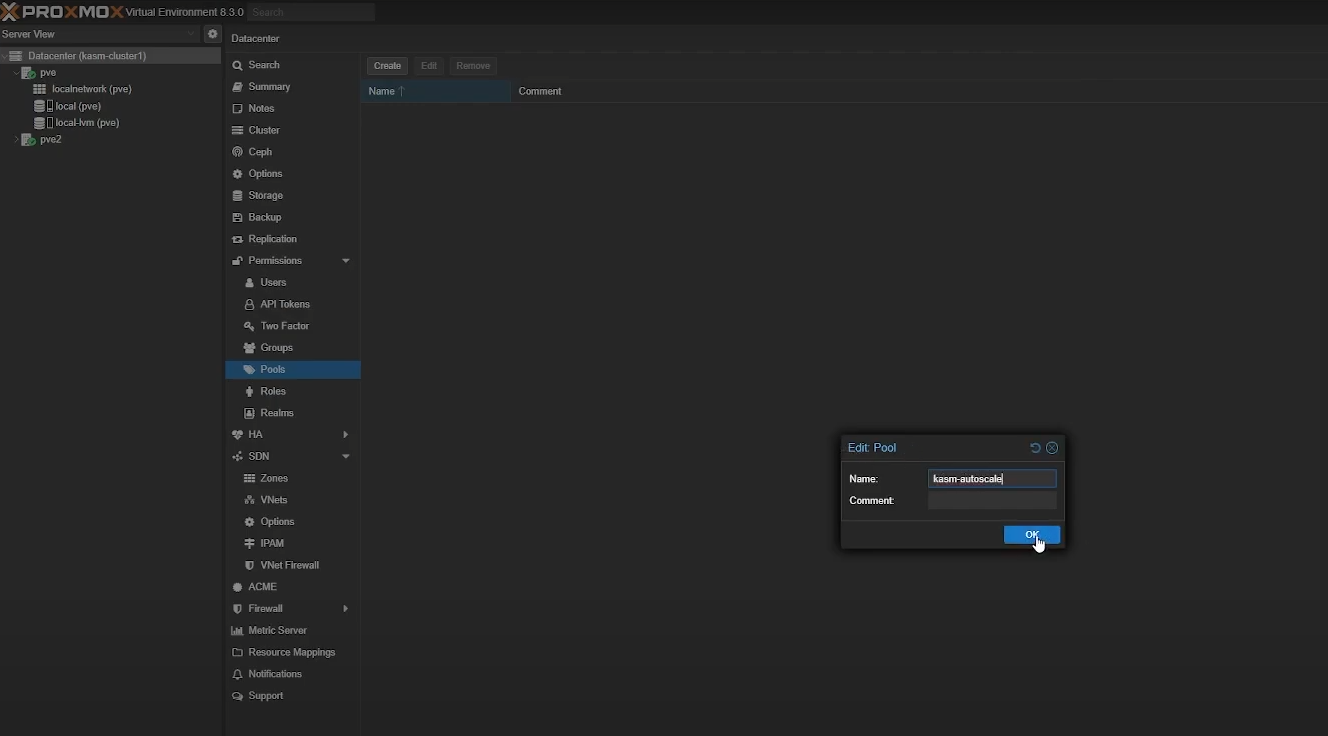 Create a pool in Proxmox