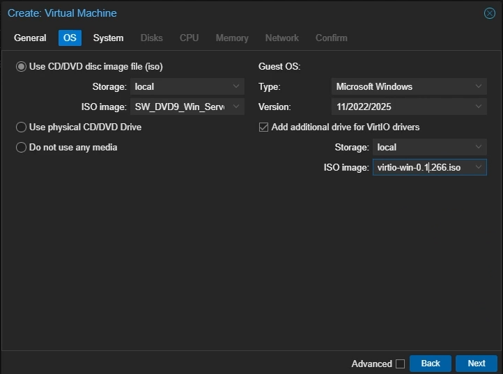 Create Proxmox Windows VM: OS Settings