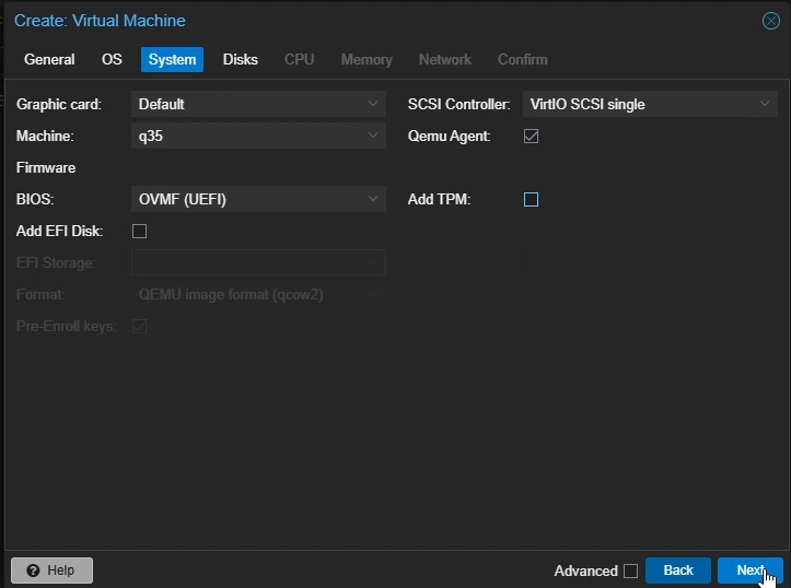 Create Proxmox Windows VM: System Settings