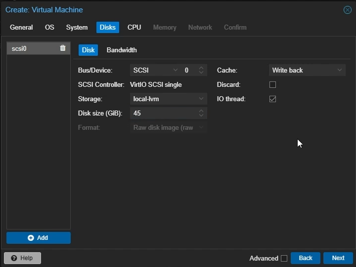 Create Proxmox Windows VM: Disk Settings
