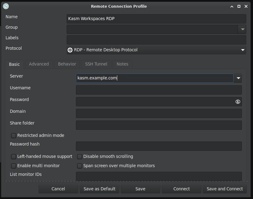 RDP client connection details