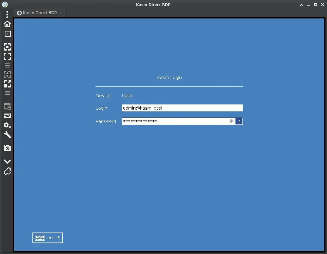 Kasm RDP login page