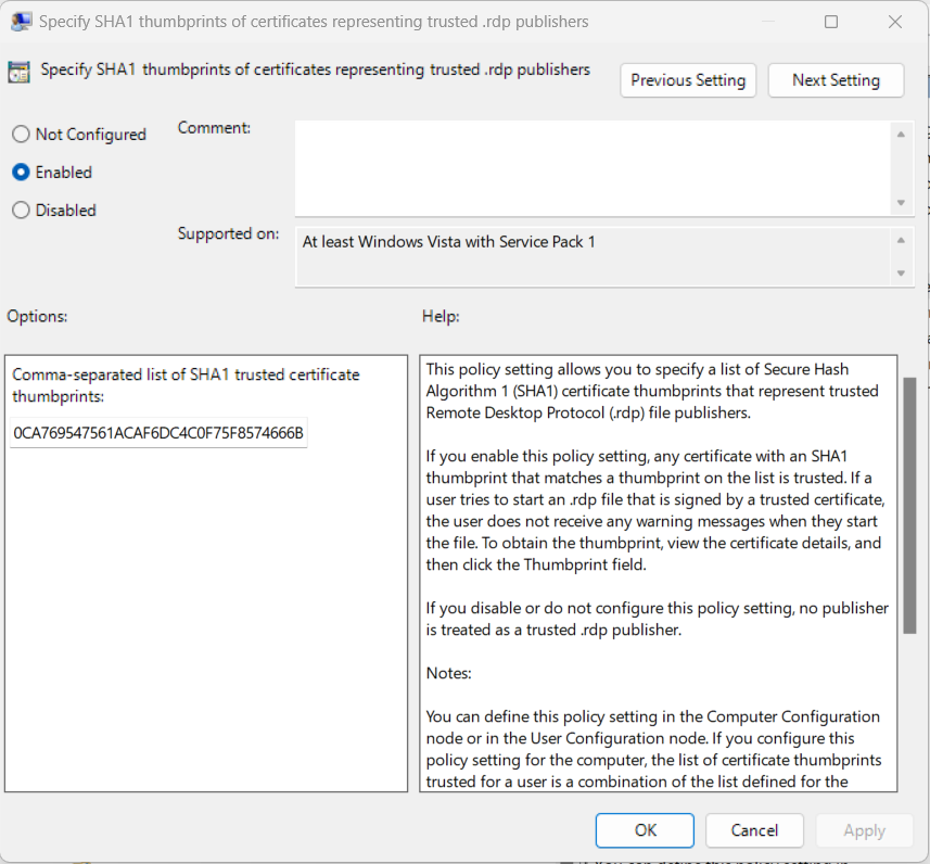 Setting the Trusted Publisher Certificate SHA1