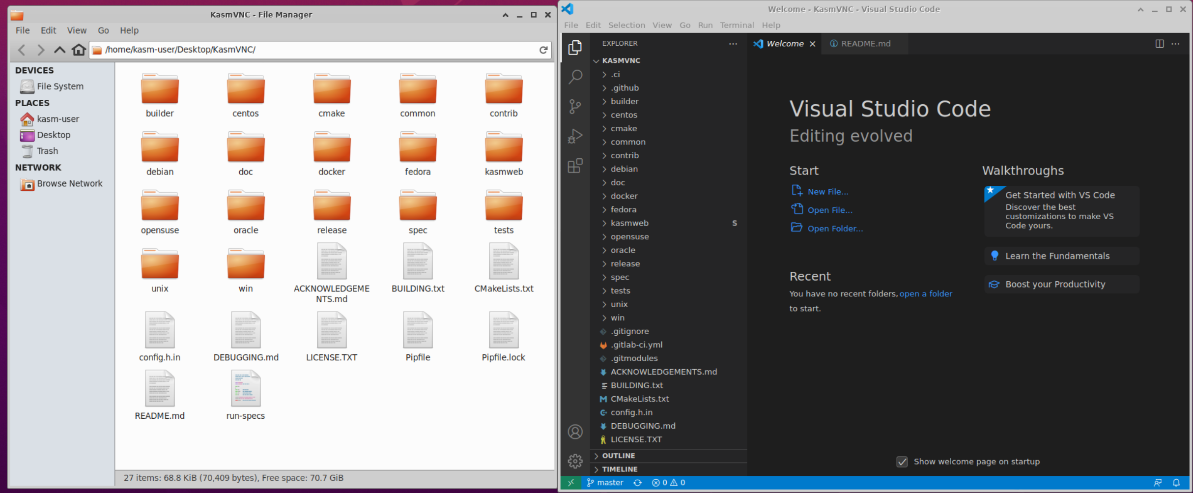 VScode Opened with KasmVNC repo loaded on the Desktop