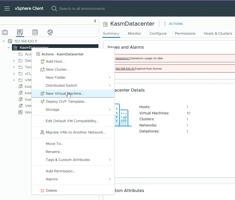 Right-Click on your datacenter and create new VM