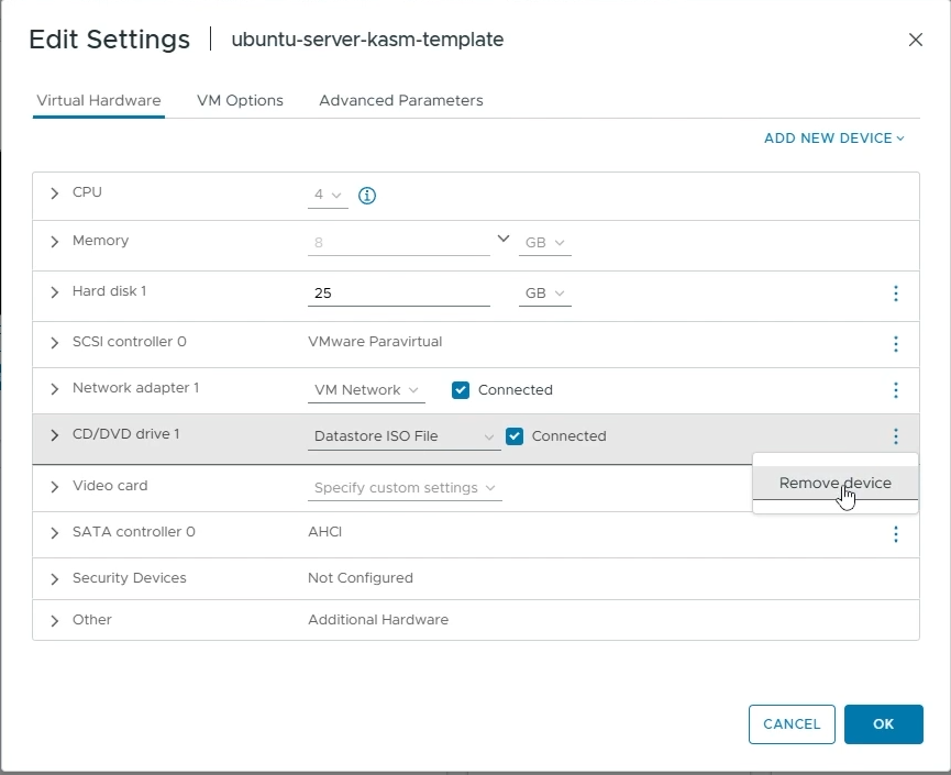 Enable "Remove CD/DVD drive from your VM settings"