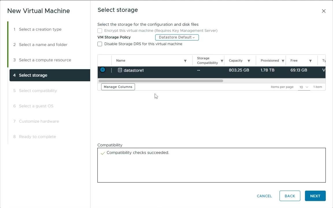 Choose the datastore for your VM