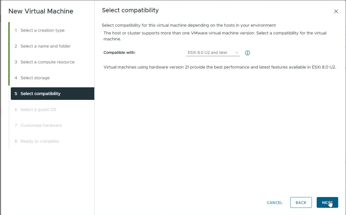Choose the appropriate compatability for your VM