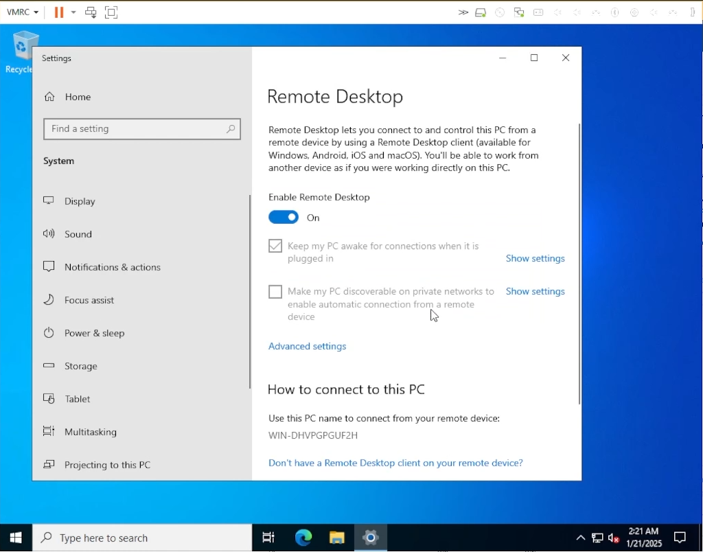 Enable Remote Desktop"