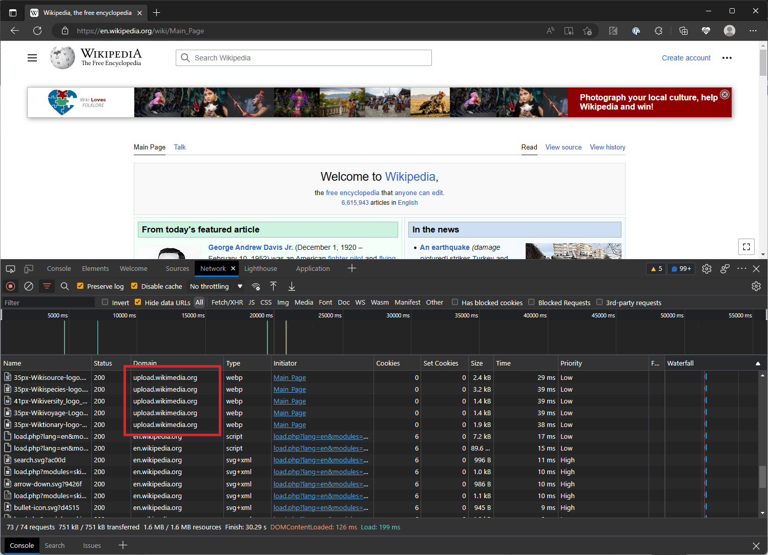 Inspecting a web page for additional domains visited