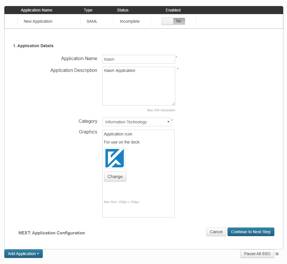 New SAML Application