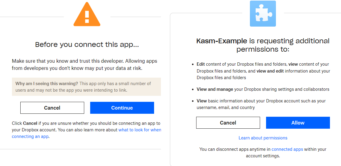 Approve Kasm access to Dropbox