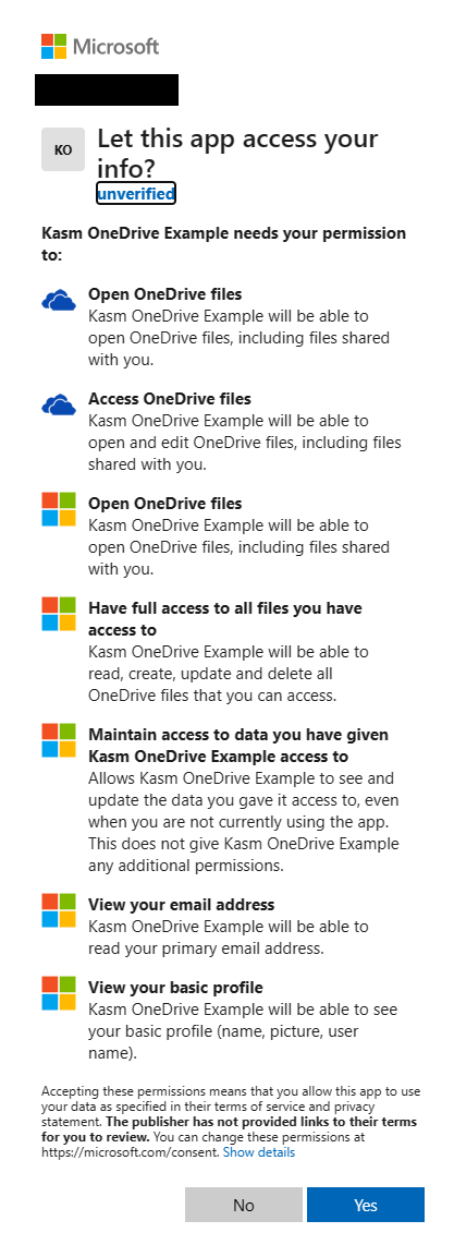 Approve Kasm access to OneDrive
